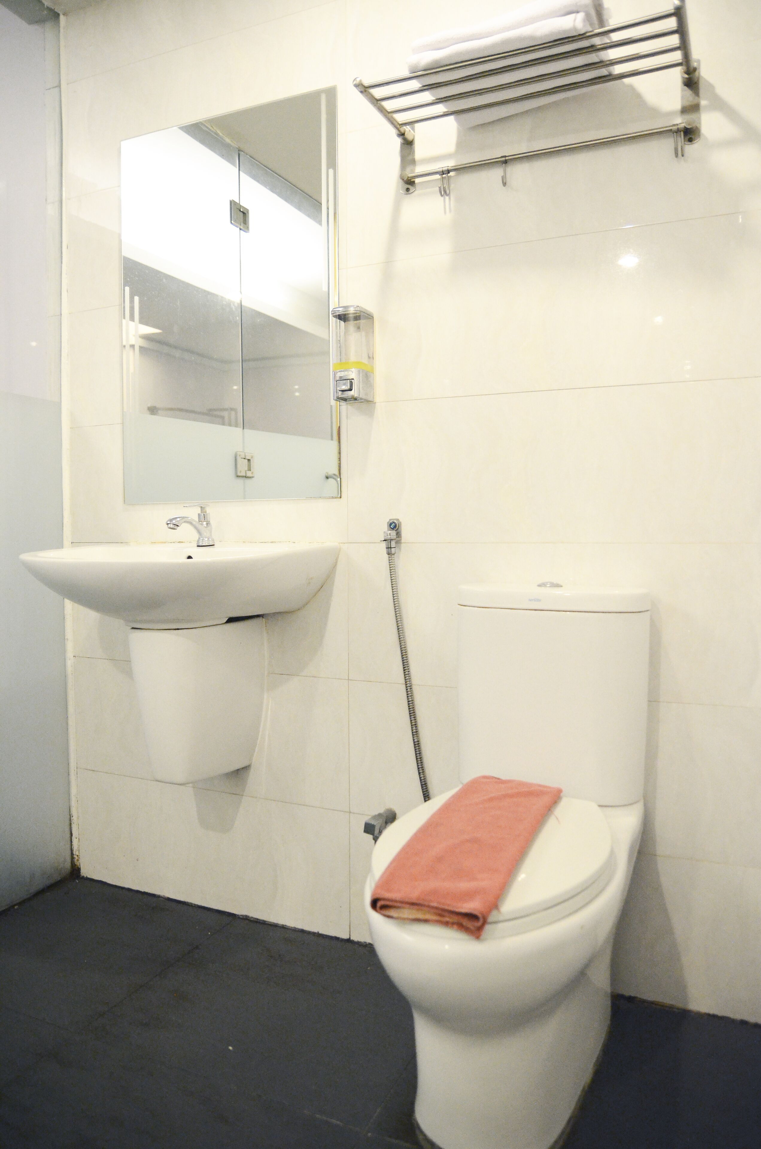 A bathroom with a white sink, a toilet, and a mirror.
