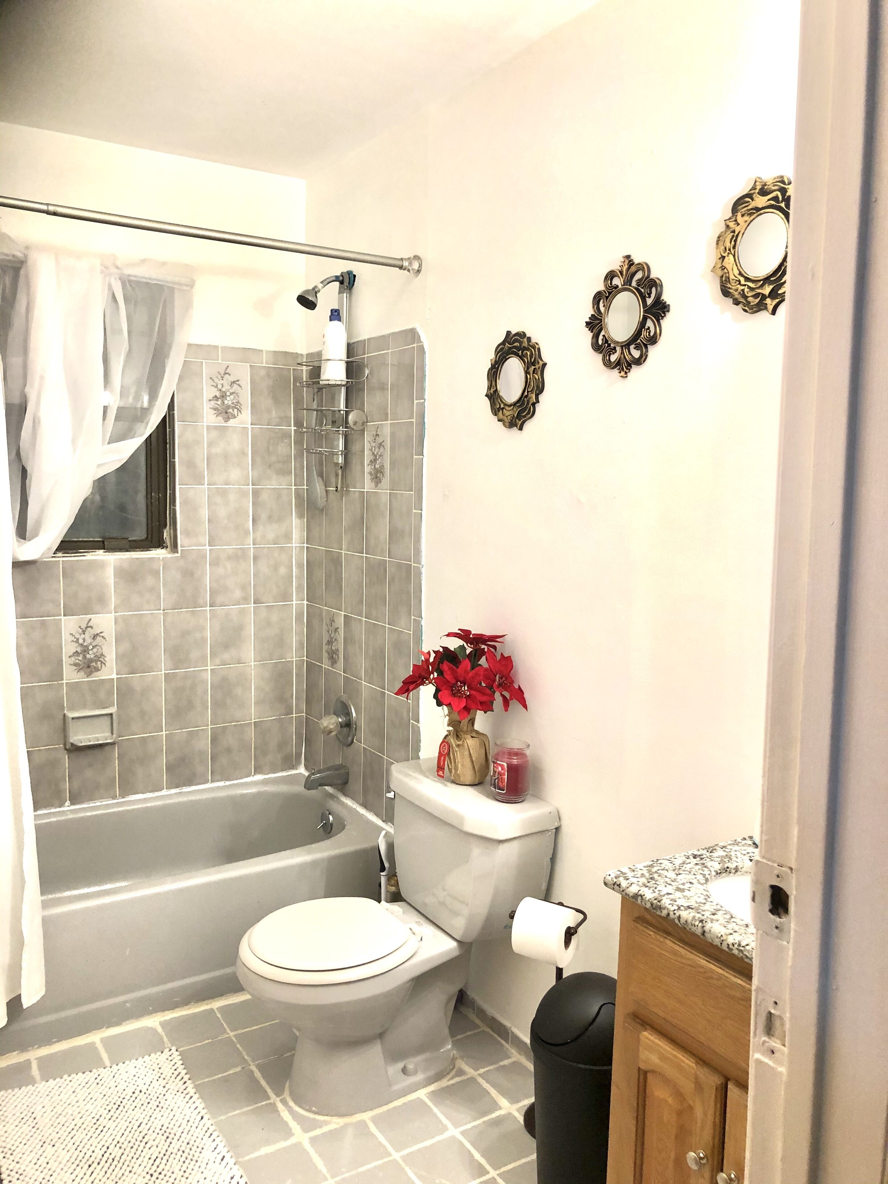 Combined shower/bathtub, towels, toilet paper