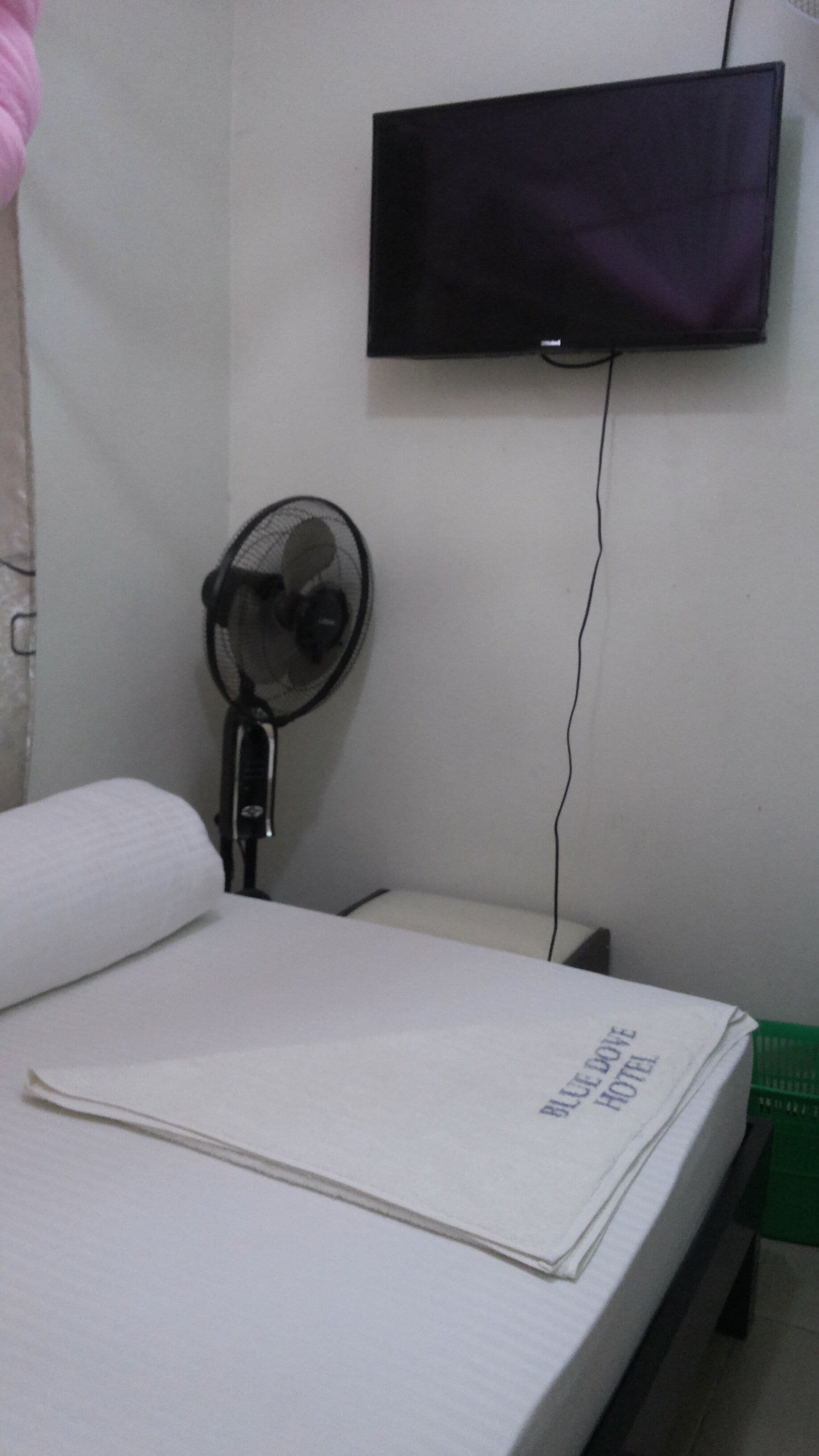 Een kamer met een bed, een wandtelevisie en een ventilator.
