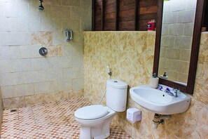 Shower, free toiletries, towels, soap
