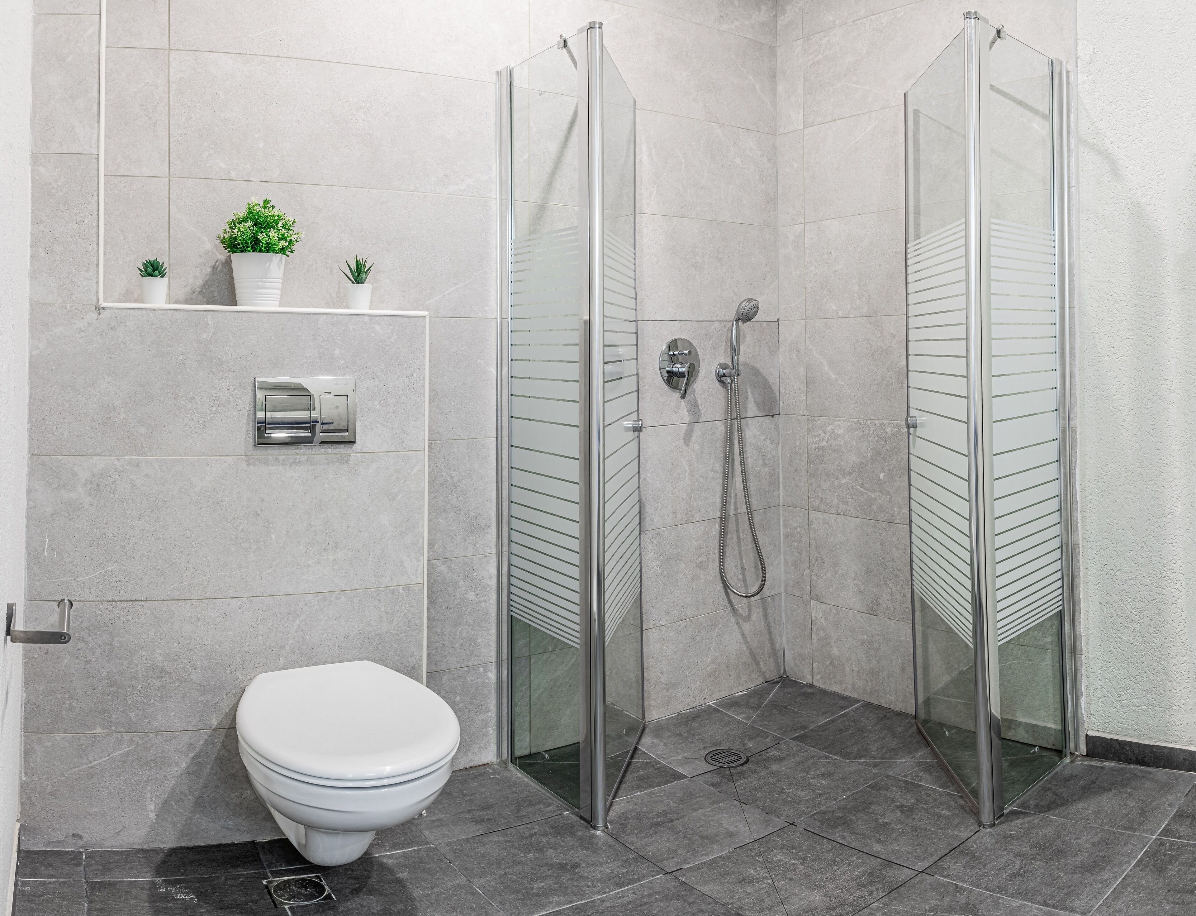 Un baño moderno con inodoro, ducha envuelta en vidrio y un pequeño estante con plantas en macetas.