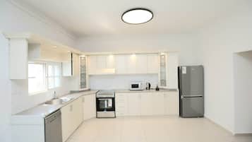 Elite Apartment | Private kitchen | Full-sized fridge, microwave, oven, stovetop