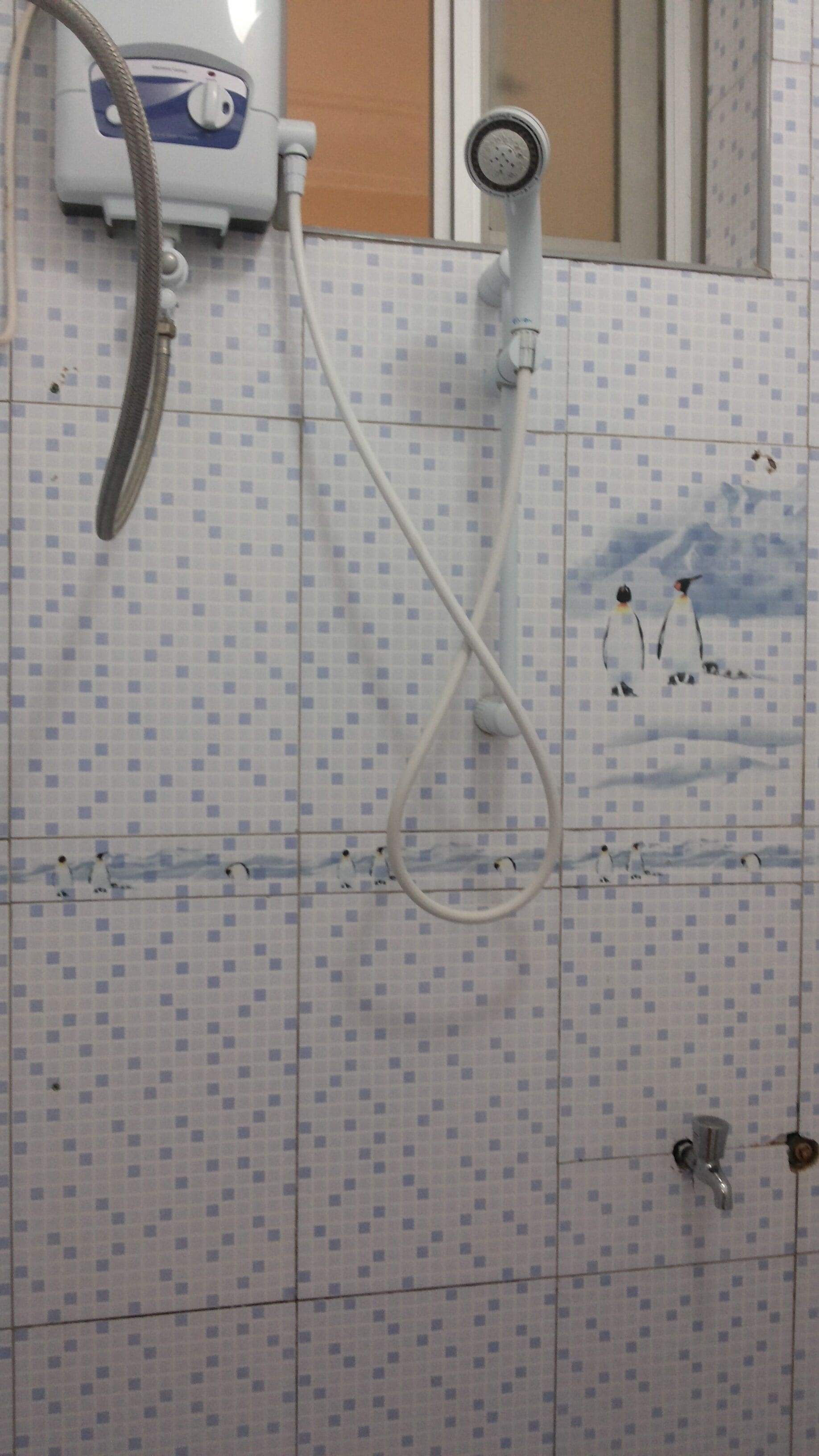 Zona de ducha con cabezal de ducha de mano y grifo empotrado en la pared.