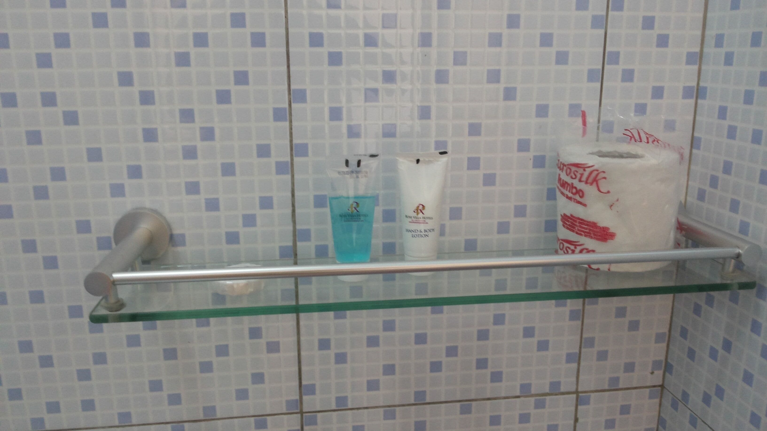 A bathroom with a glass shelf holding toiletries, a towel rack, and a toilet paper holder.