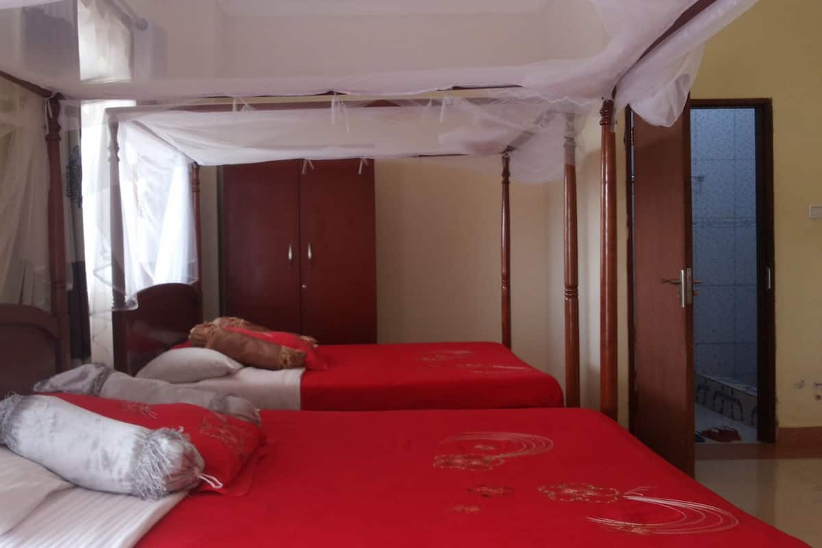 A bedroom with two beds, a wardrobe, and a door leading to another room.