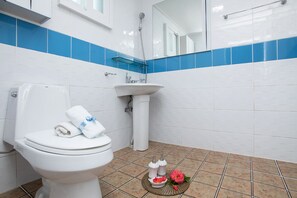 Shower, free toiletries, hair dryer, towels