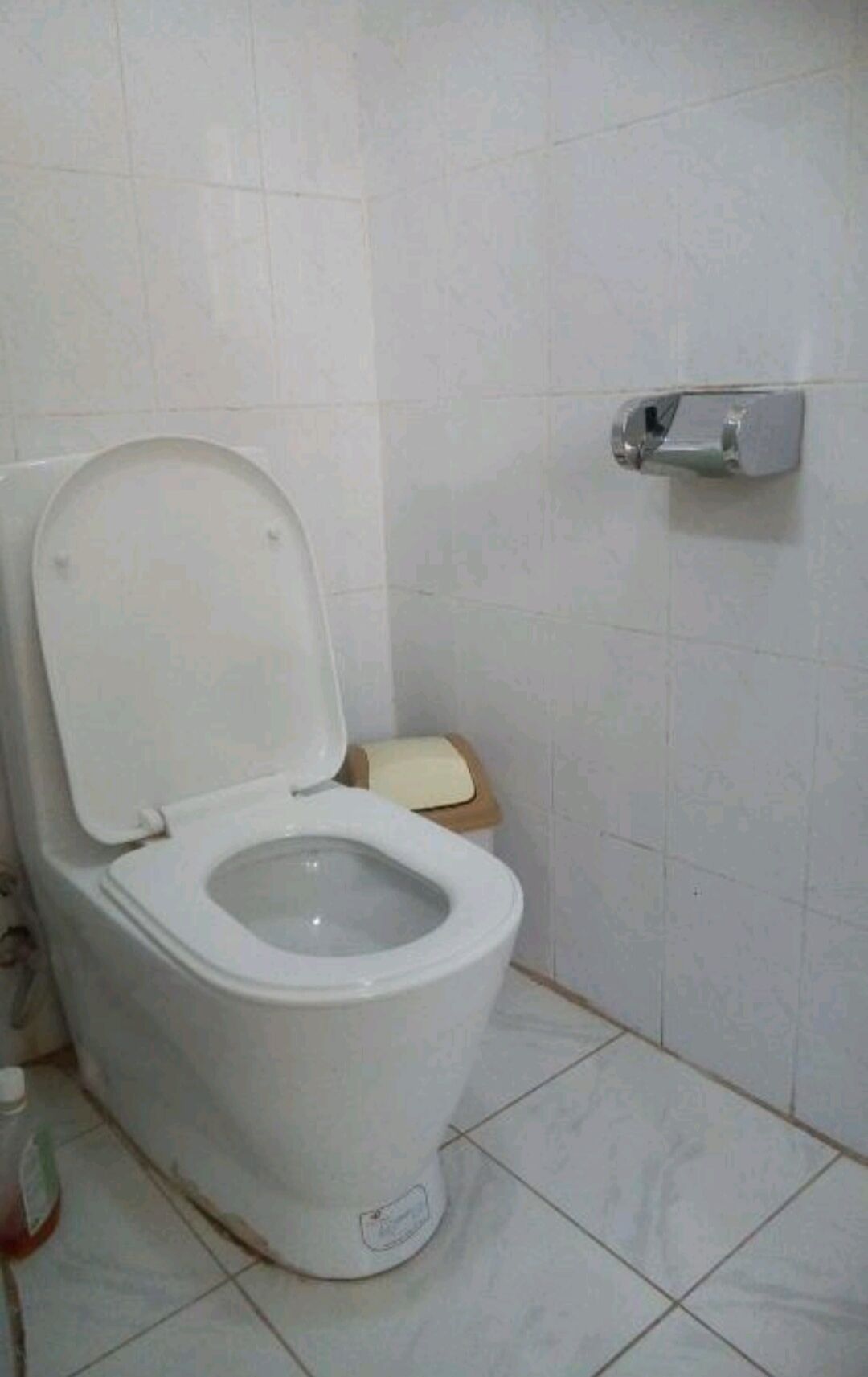 A white toilet with a closed lid, a flush handle on the wall, and a small trash bin beside it.