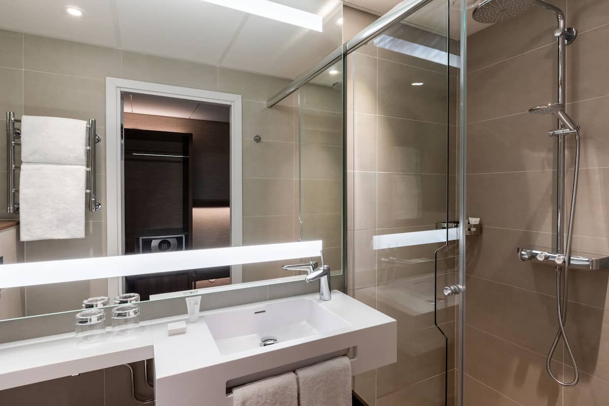 shower, free toiletries, hair dryer, towels