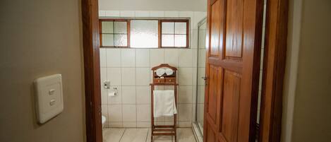Une salle de bain avec une porte en bois, un porte-serviettes et une fenêtre.