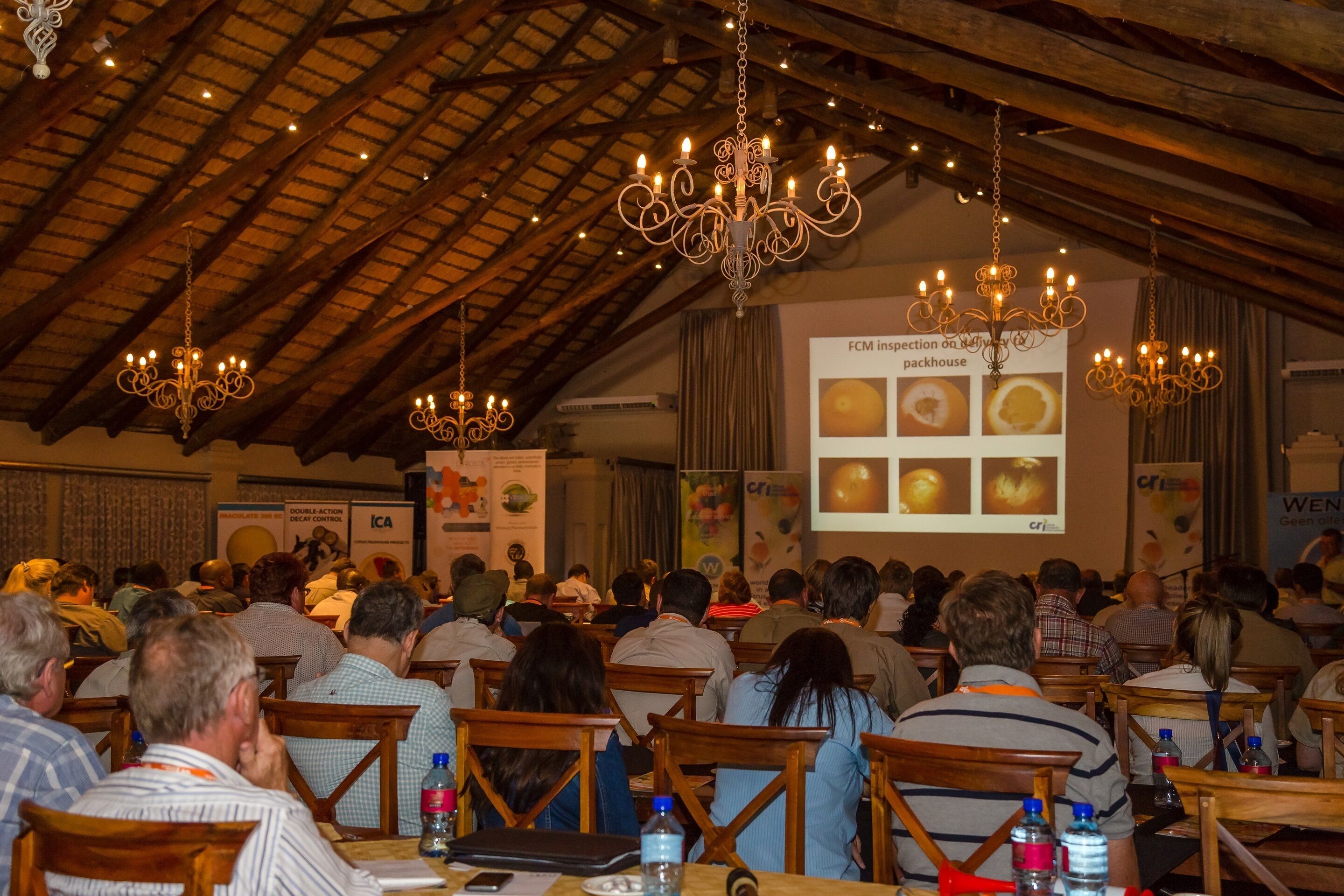 Un salón de conferencias con mesas y sillas de madera, candelabros y una pantalla para presentaciones.