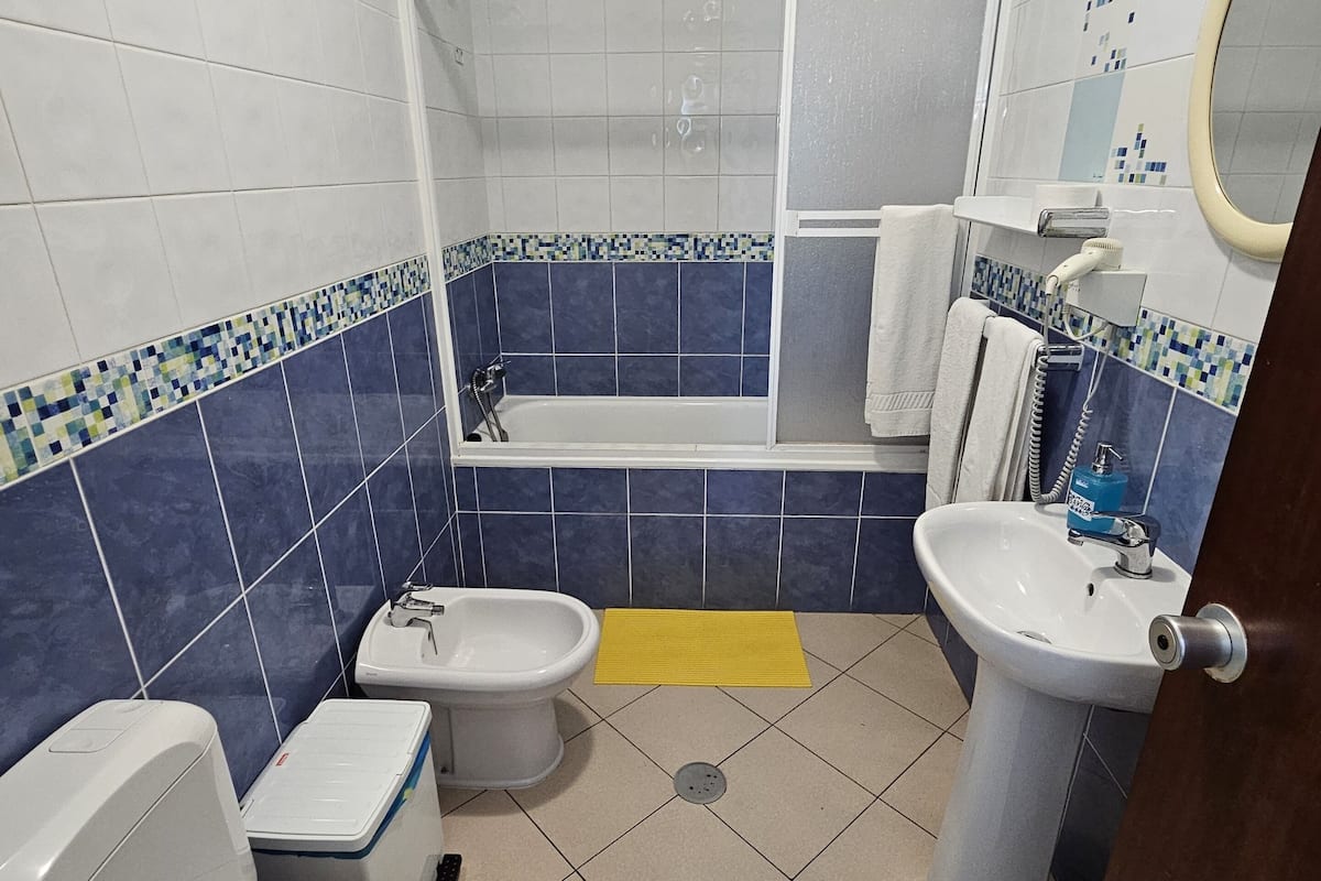 free toiletries, hair dryer, bidet, towels