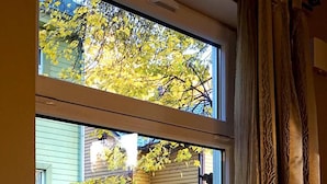 A window with a view of a backyard, a wooden fence, and a potted plant on the windowsill. - Quiet romantic place Tartu Home Apts. (Tartu)