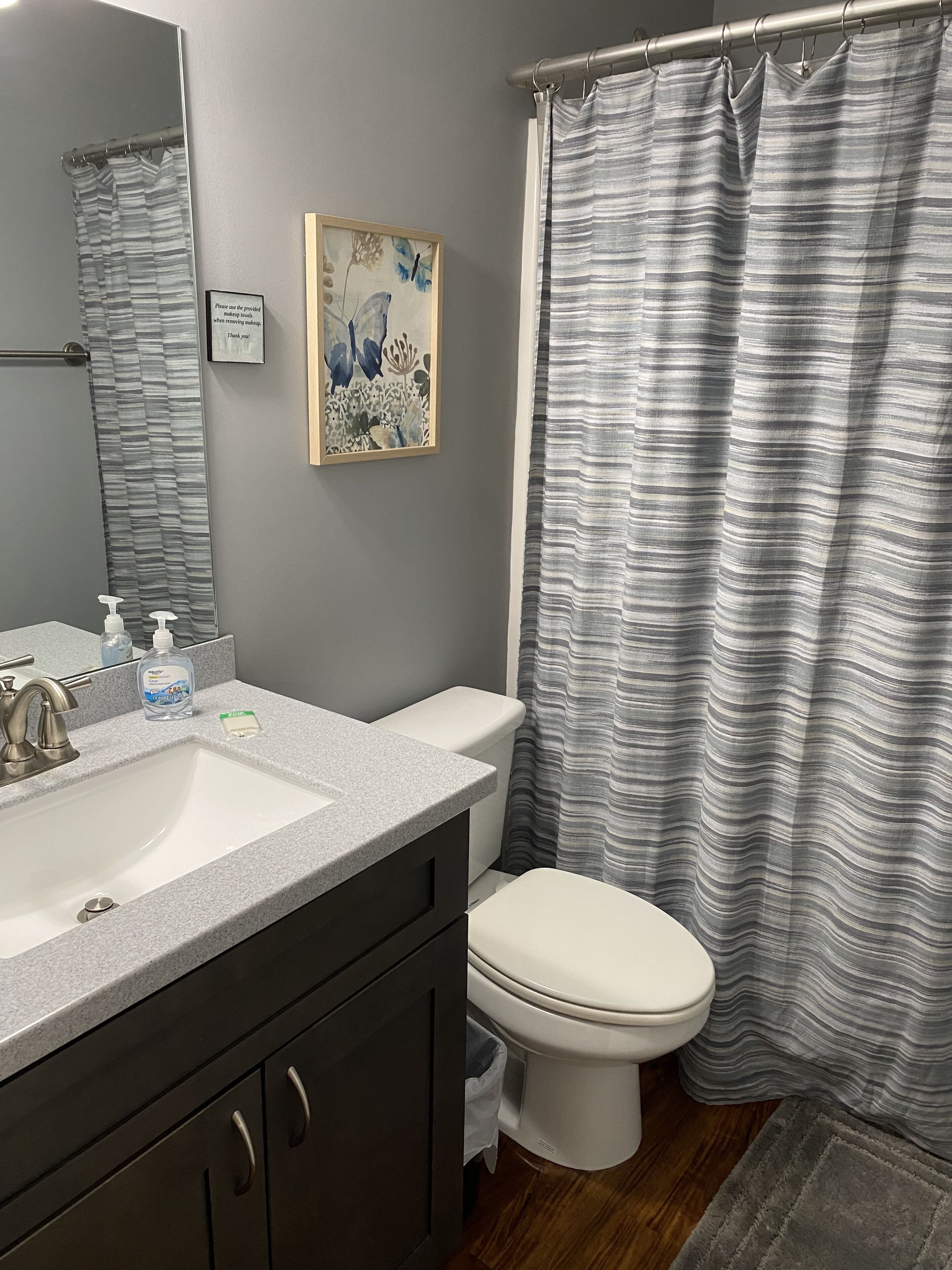 Une salle de bain avec un lavabo blanc, des toilettes, un rideau de douche et une œuvre d’art encadrée accrochée au mur.