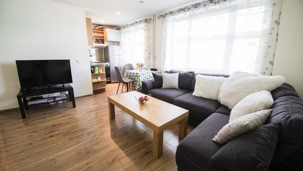 A living room with a wooden floor, a dark-colored sofa with white and gray cushions, a wooden coffee table, and a flat-screen TV on a stand. - Tiigi Bibliotheca- Tartu Home Apartments (Tartu)