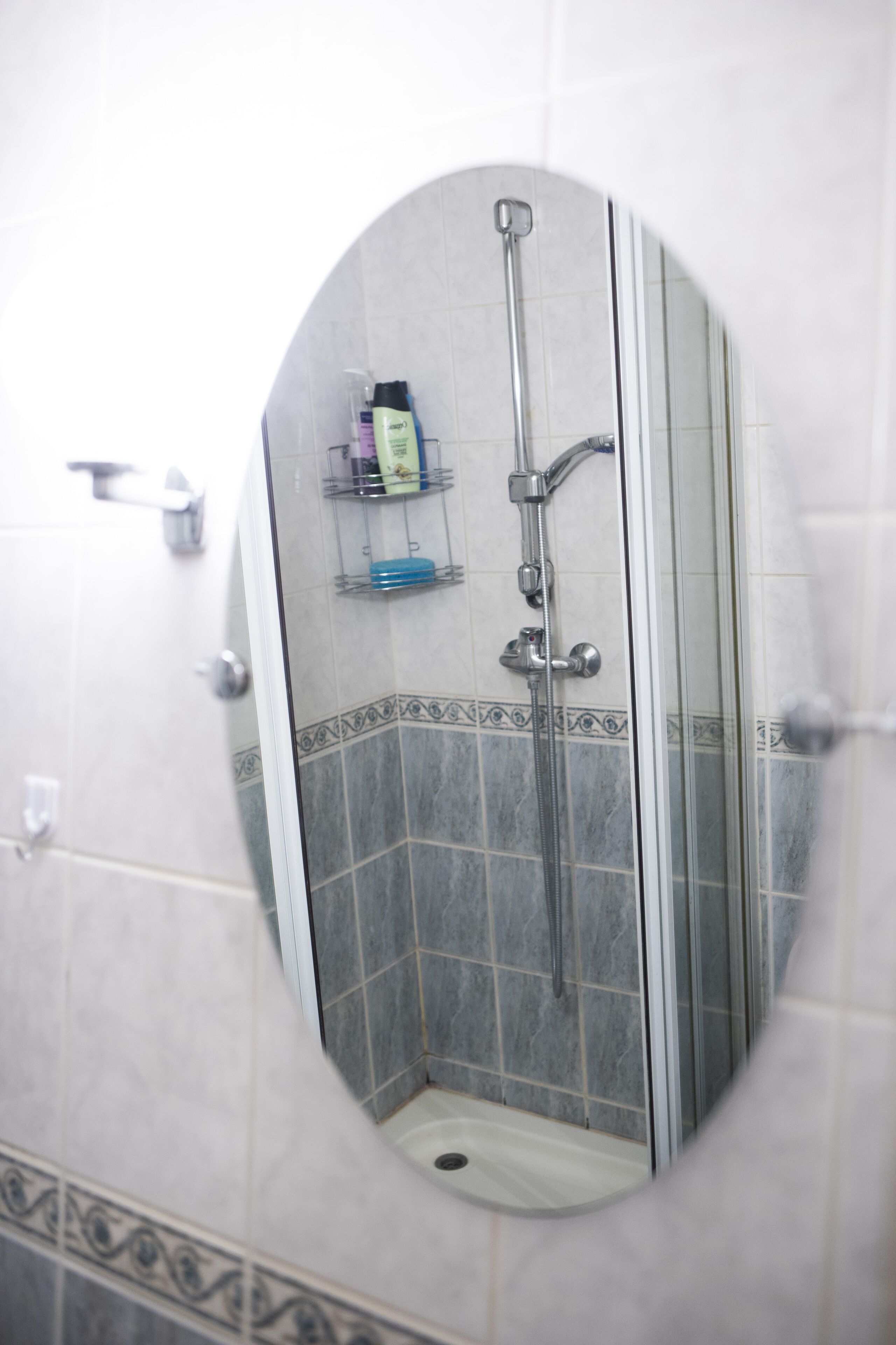 Ducha con puerta de vidrio, cabezal de ducha manual y repisa con artículos de aseo.