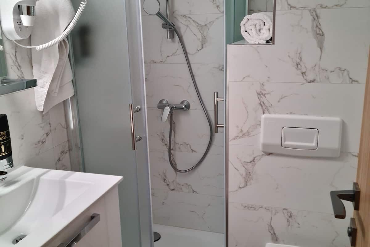 shower, free toiletries, hair dryer, towels