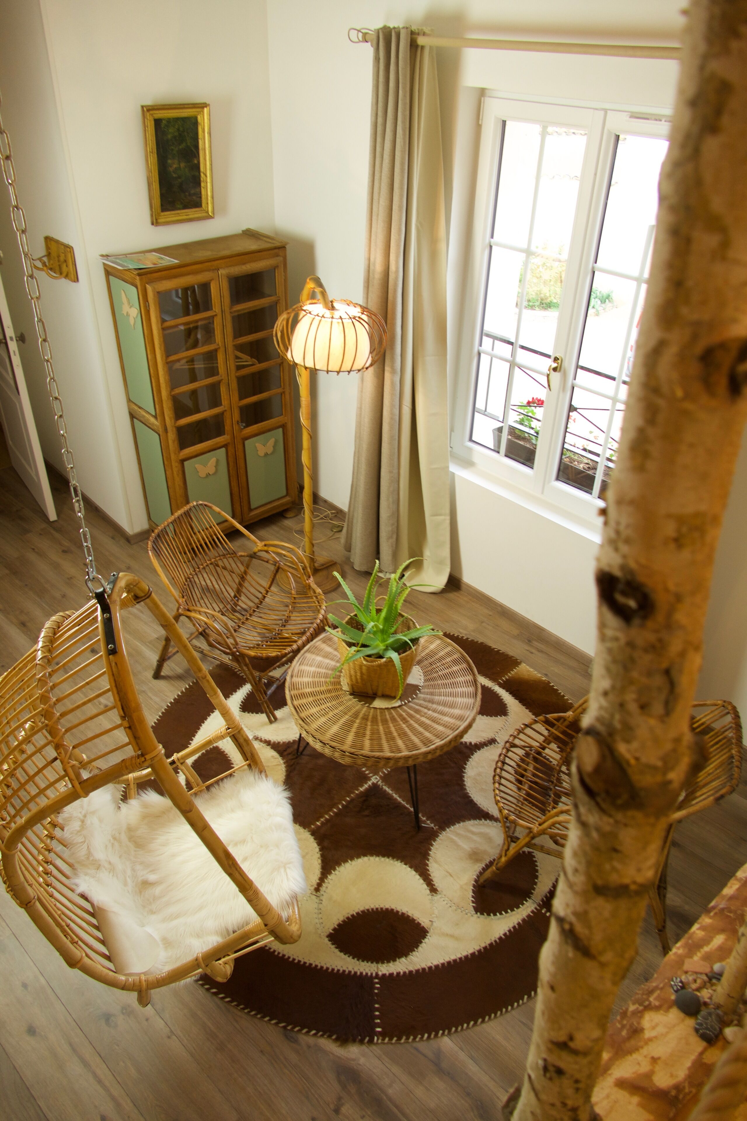 A room with a hanging chair, a small round table with a plant, a wooden cabinet, and a window with curtains.