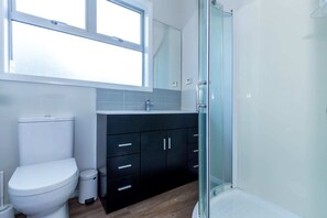 A modern bathroom with a toilet, a sink, and a glass shower enclosure.