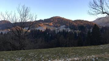 Un paisaje rural con una colina, árboles y un cielo despejado.
