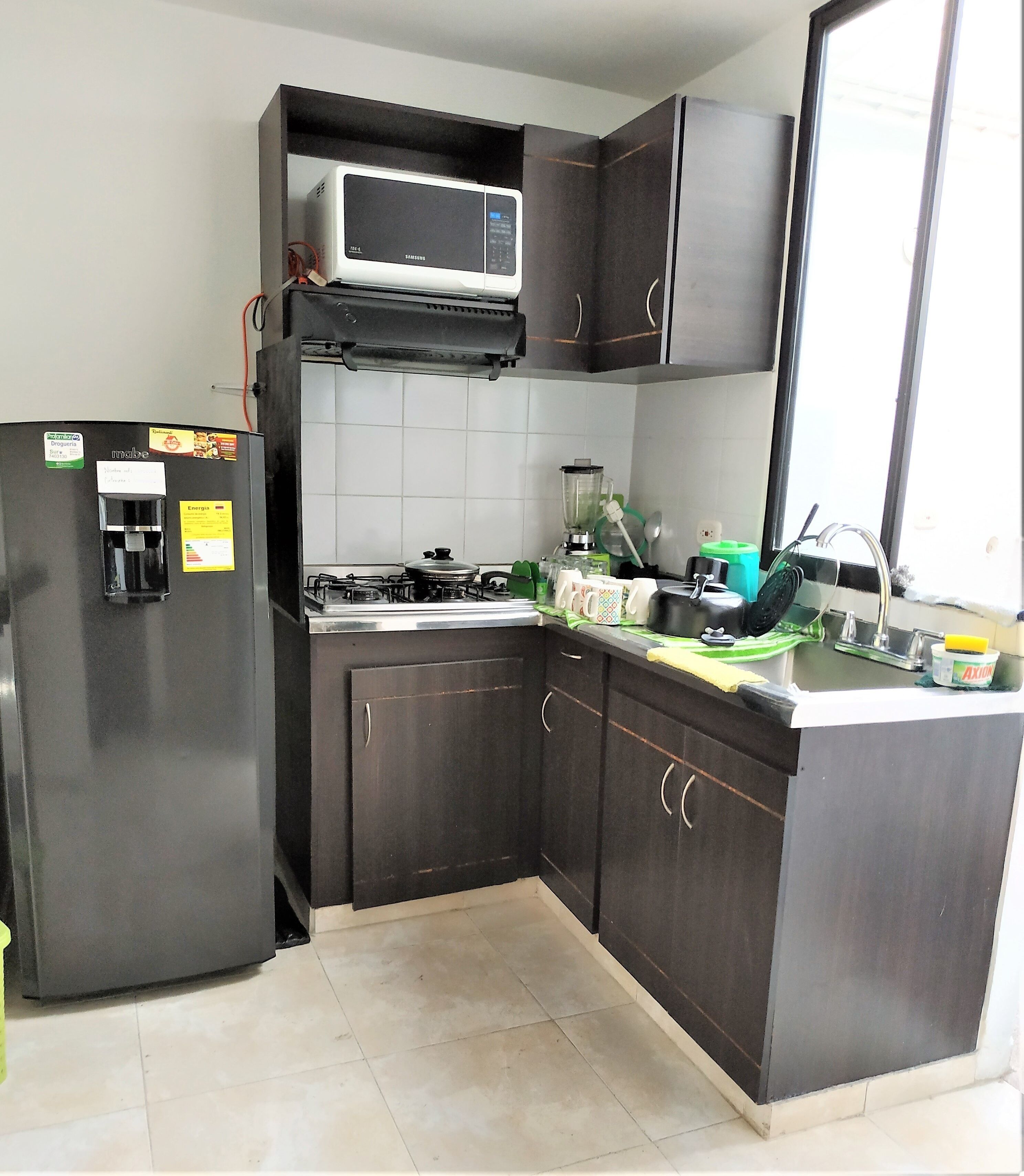 Réfrigérateur, micro-ondes, plaque de cuisson, blender