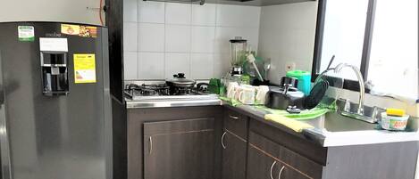 Fridge, microwave, stovetop, blender