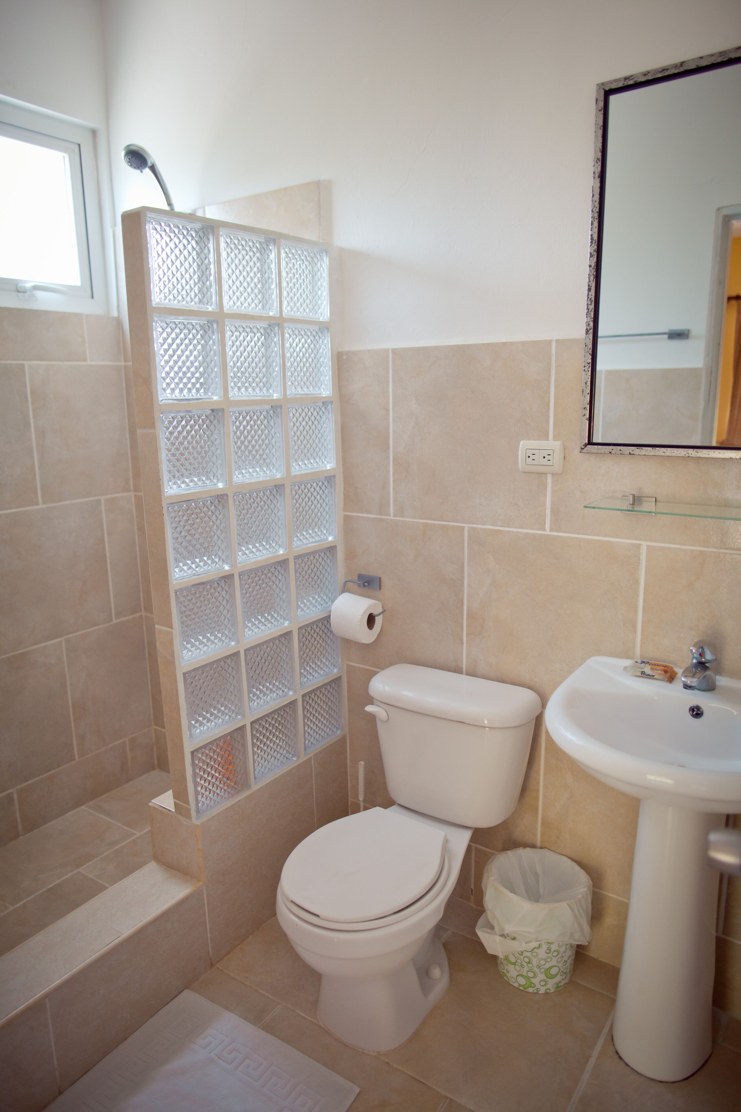 economy studio, 3 single beds, kitchenette, ground floor | bathroom | shower, towels, soap, shampoo