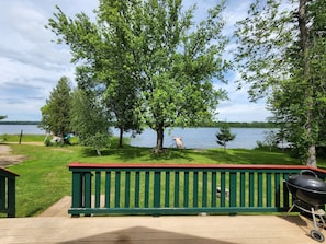 A deck with a green railing overlooking a lake, a barbecue grill, and a grassy area with trees. - Blue Moon Resort and Motel (Hill City)