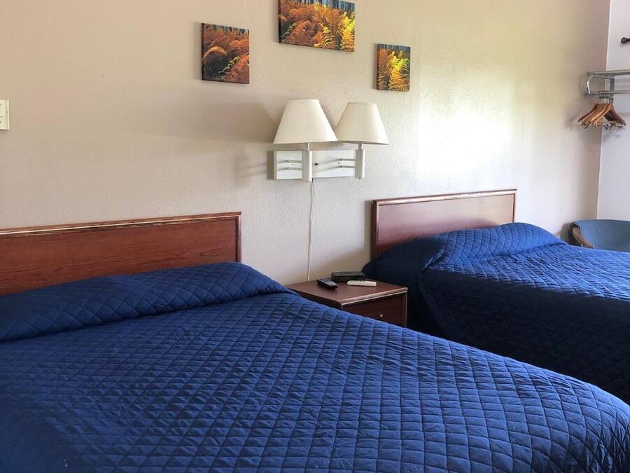 A hotel room with two beds, each with a blue quilted bedspread. There are three wall-mounted paintings depicting autumn foliage. A white lamp with two shades is on a bedside table.