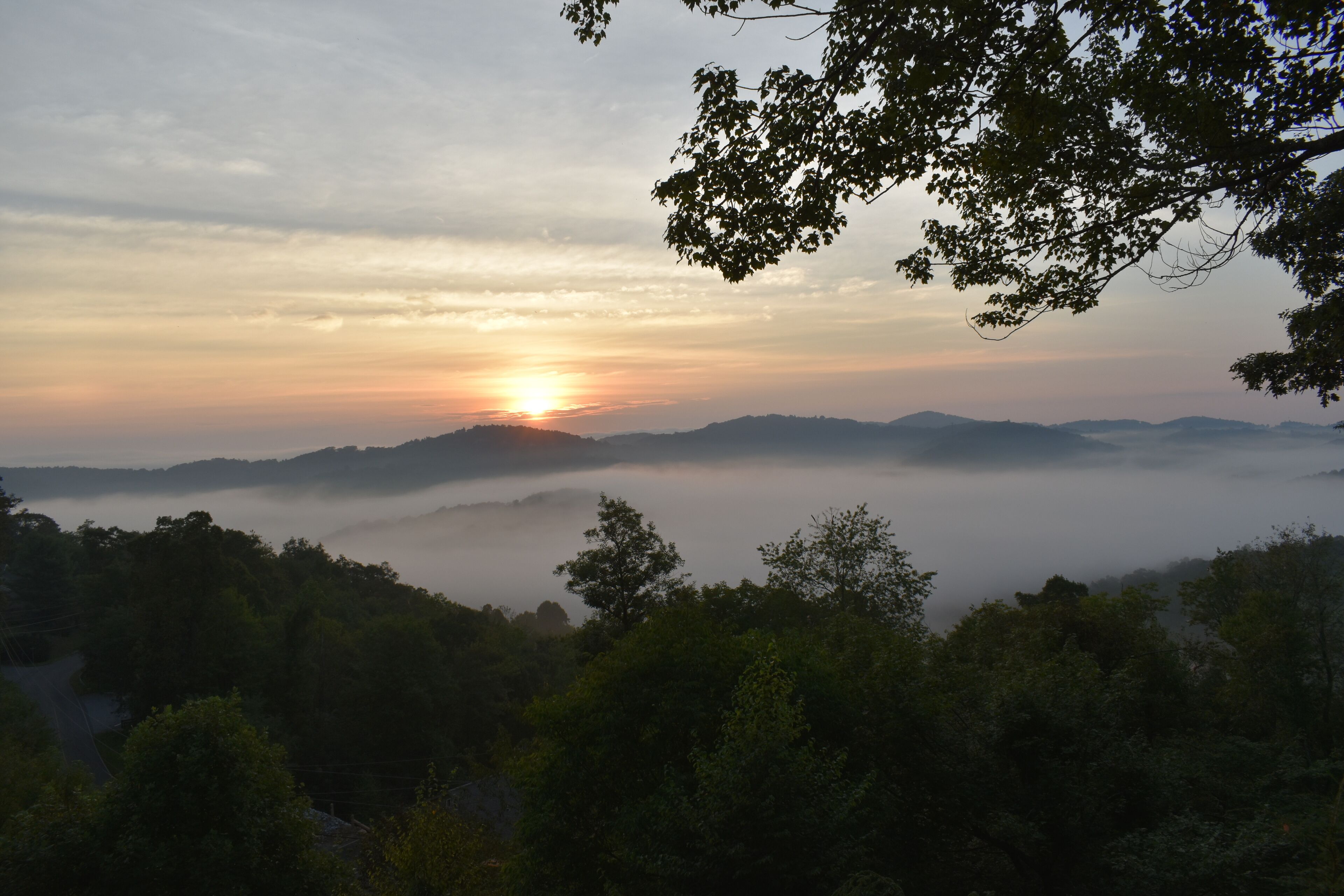 A sunrise over a mountainous landscape with dense forest in the foreground.