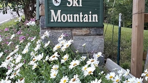 A sign for 'Ski Mountain' with a stone base, surrounded by white daisies. - Rustic farmhouse on Appalachian  Ski Mountain (Blowing Rock)