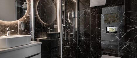 Shower, slippers, towels, soap
