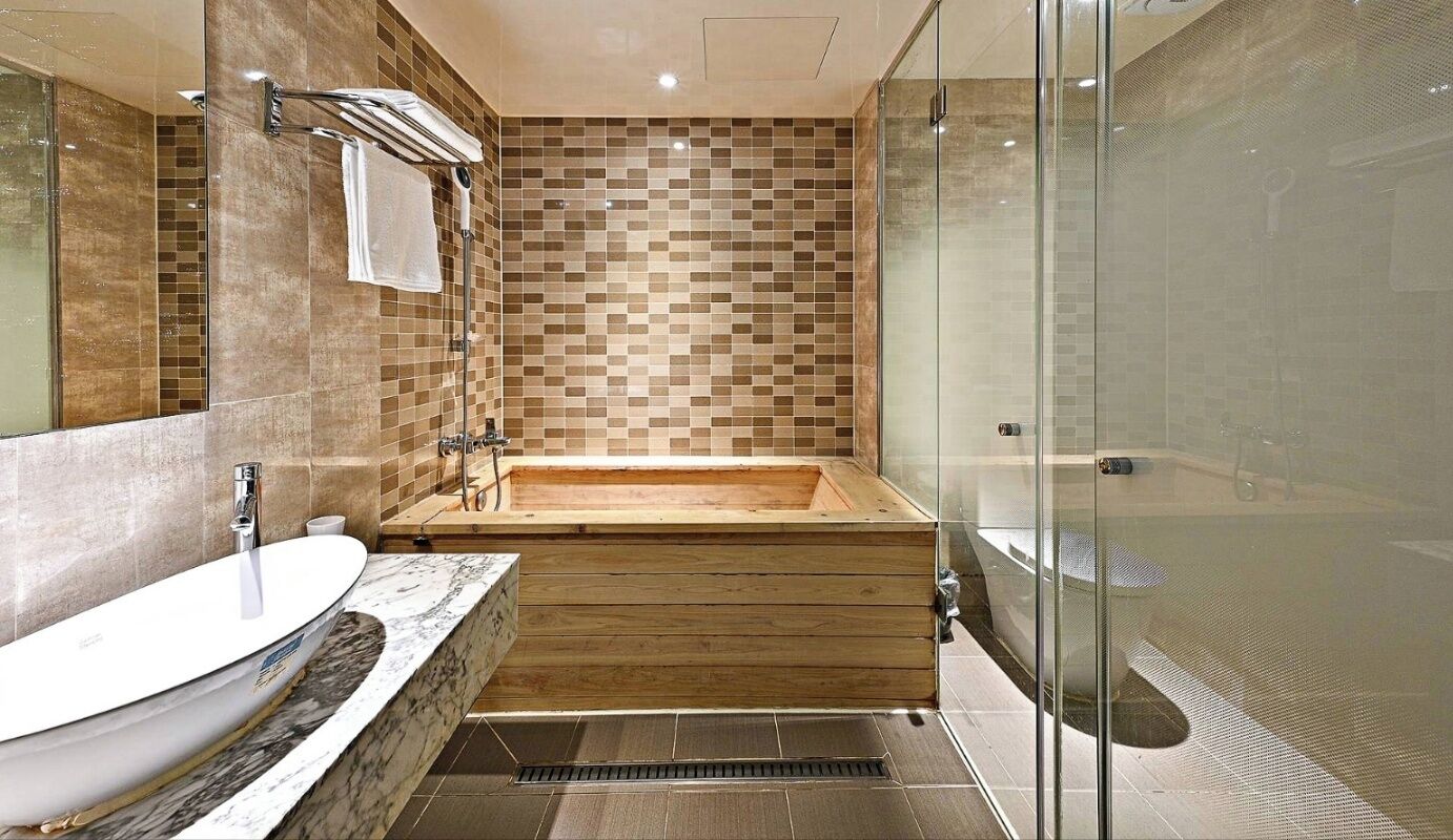 Hair dryer, slippers, towels, soap