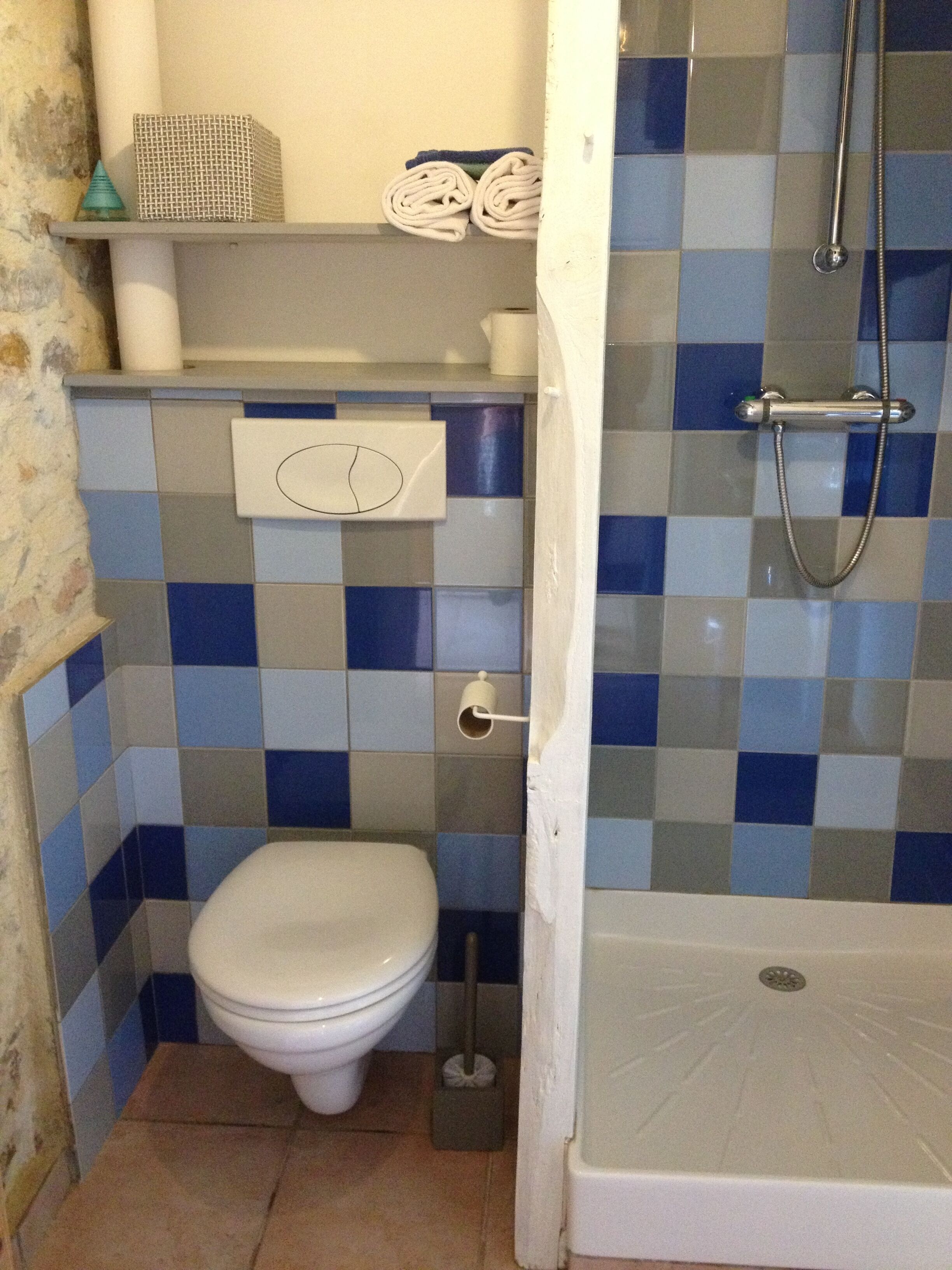 Un baño pequeño con inodoro, ducha y lavabo.