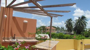 Un balcon donnant sur un quartier résidentiel, avec des maisons et des palmiers.