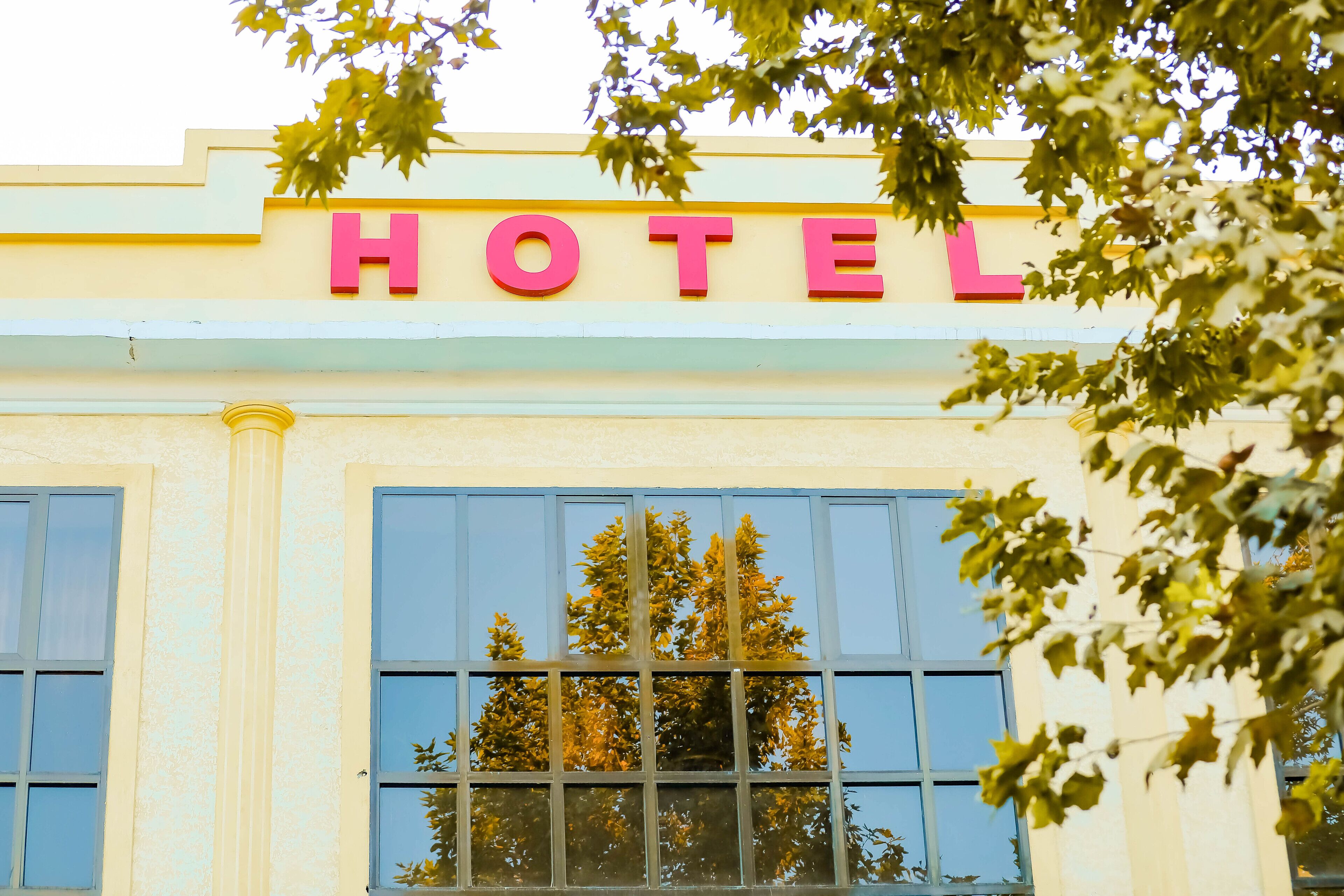 A hotel sign with the word "HOTEL" in large letters.