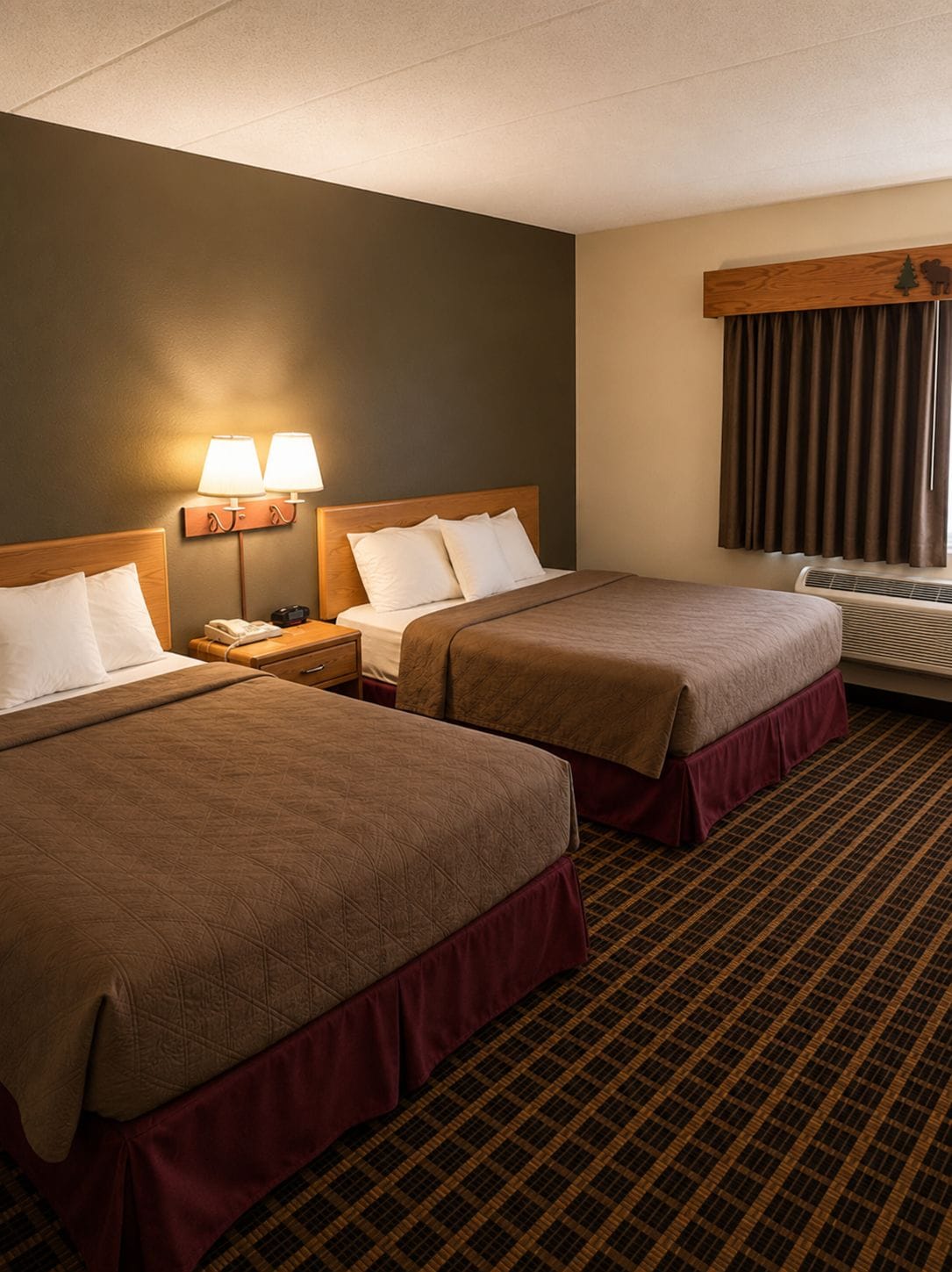 A hotel room with two beds, a nightstand with a lamp, a telephone, and a window with curtains.