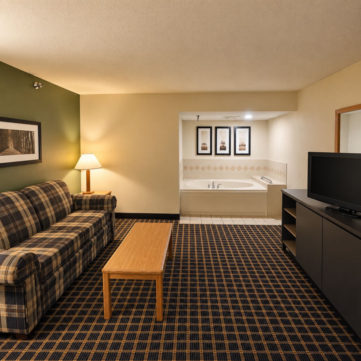 A room with a plaid sofa, a wooden table, a television, a bathtub, and framed pictures on the wall.