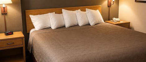 Habitación de hotel con una cama grande, dos mesitas de noche, una lámpara de pared y un cuadro en la pared.