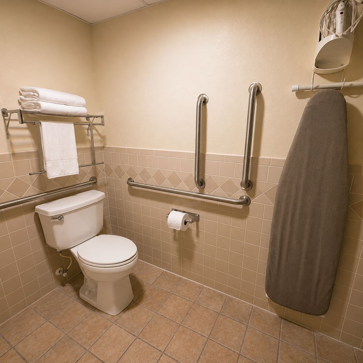 Une salle de bain équipée de toilettes, de barres d'appui, d'un porte-serviettes et d'un support à papier toilette.