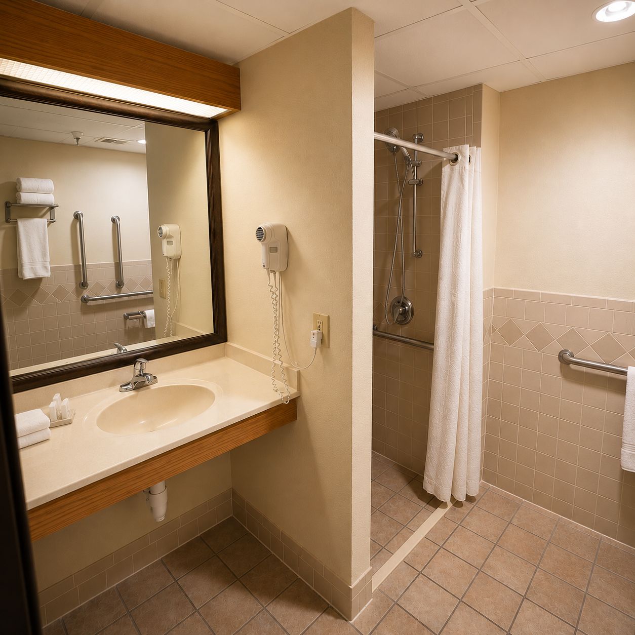Une salle de bain équipée d’un lavabo, d’un miroir, d’un porte-serviettes et d’une zone de douche séparée par un rideau.