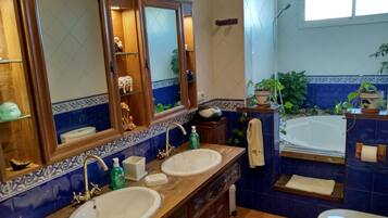 Combined shower/bathtub, hair dryer, bidet, towels