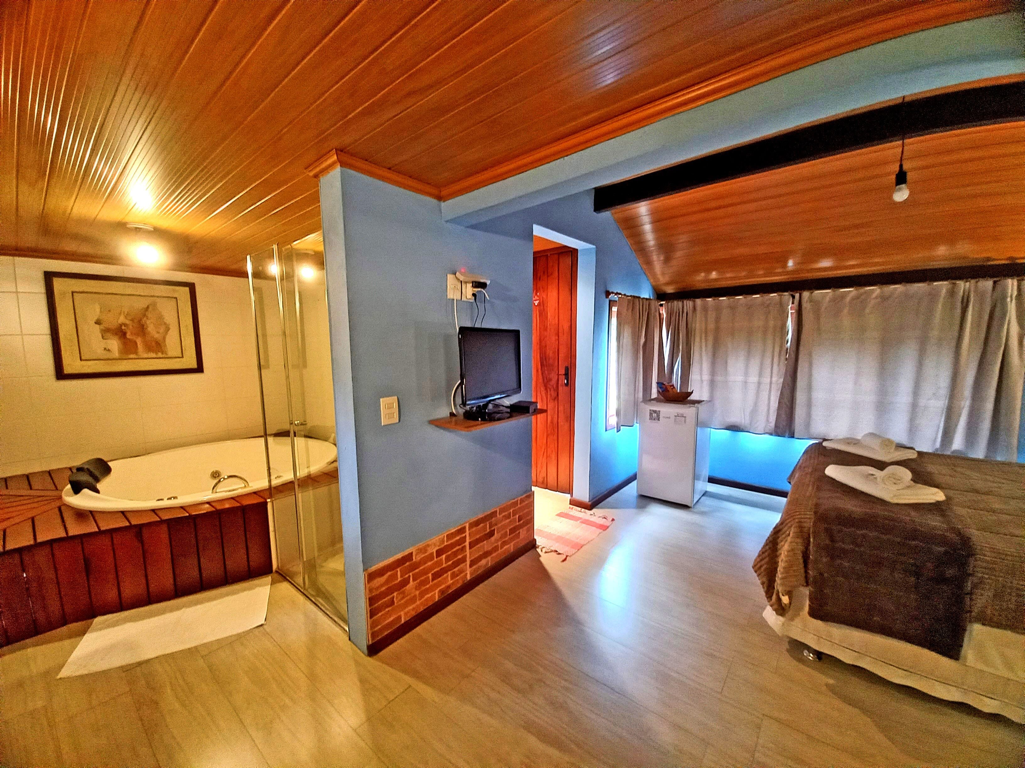 Una stanza con soffitto in legno, vasca da bagno, letto, televisione e un piccolo angolo cottura.