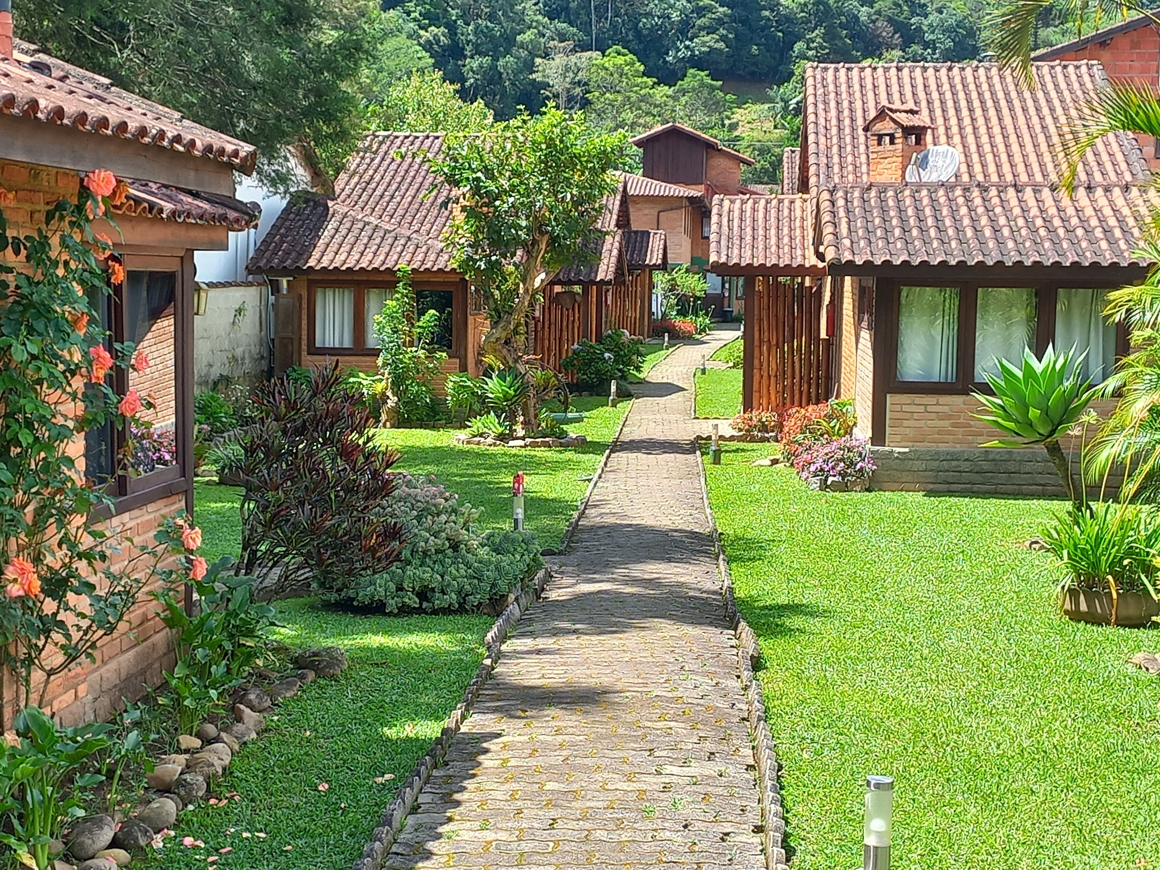 A row of rustic cottages with tiled roofs, a paved pathway, and lush greenery.