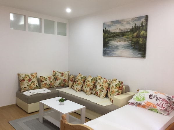 Appartement, 1 chambre, balcon | Aire de séjour | Téléviseur à écran plat