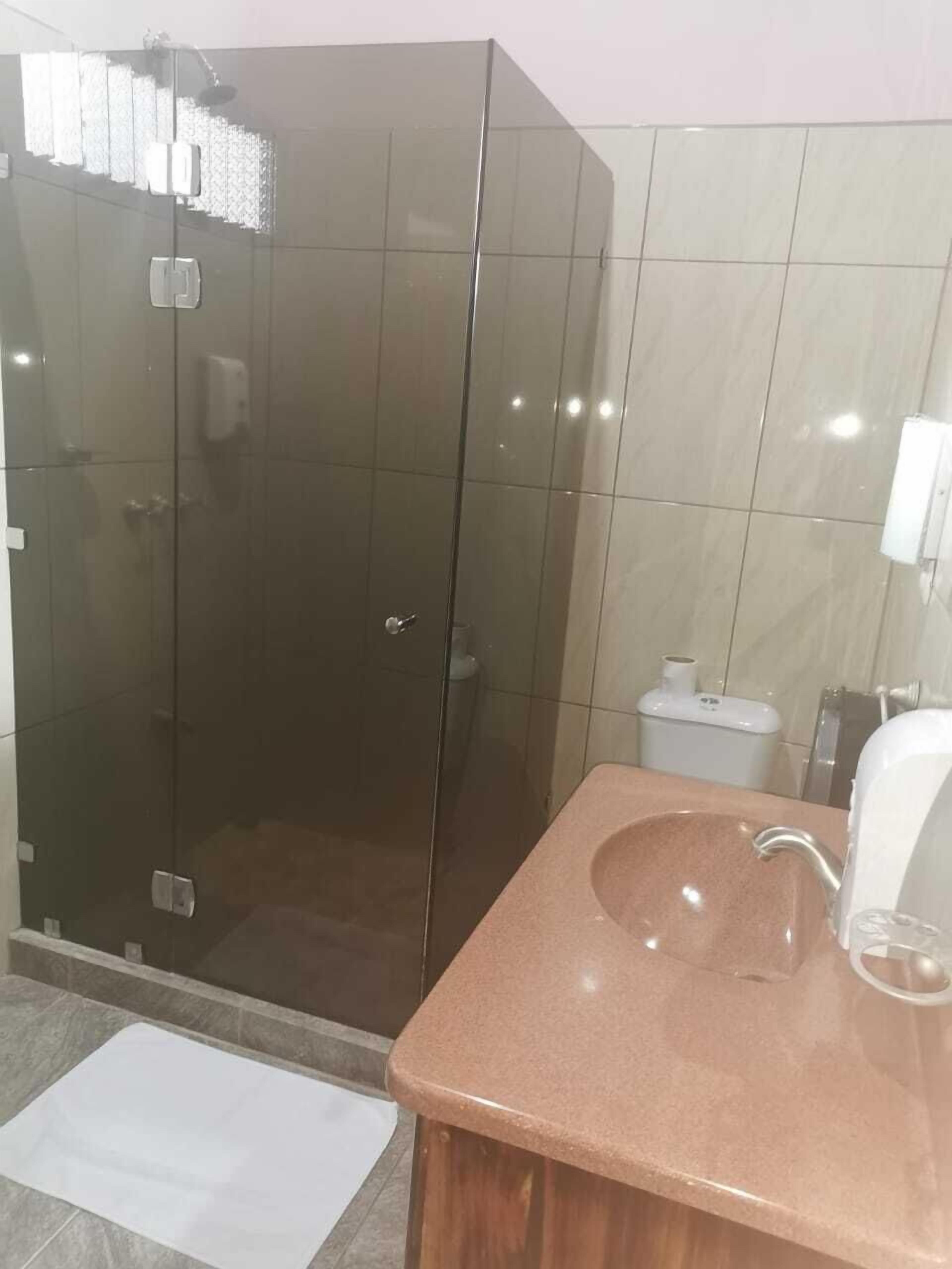 Une salle de bain avec une douche à parois de verre, un lavabo avec un plan de travail et des toilettes.