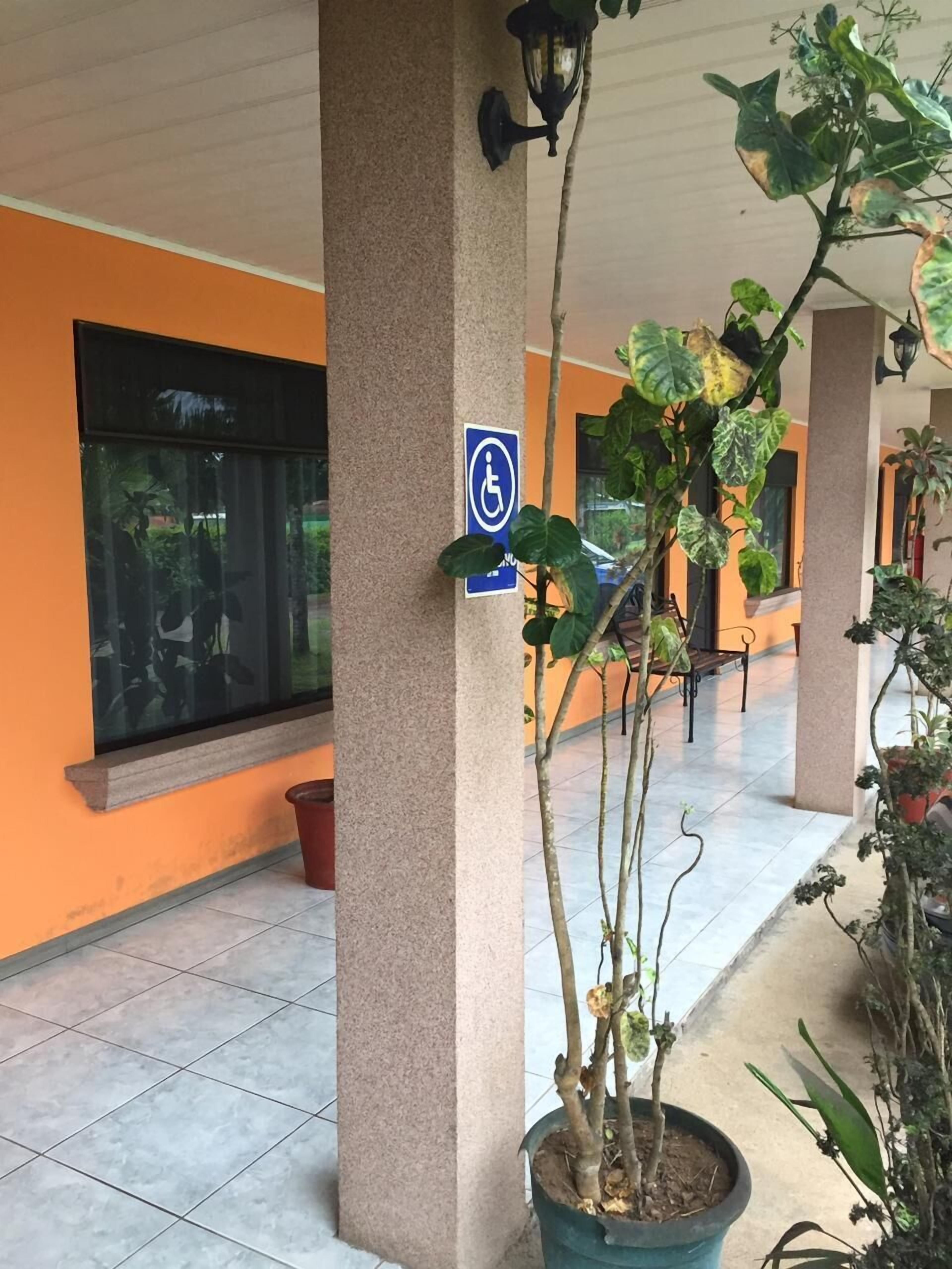 Un espacio al aire libre cubierto con señal de accesibilidad para sillas de ruedas, plantas en macetas y suelo de baldosas.