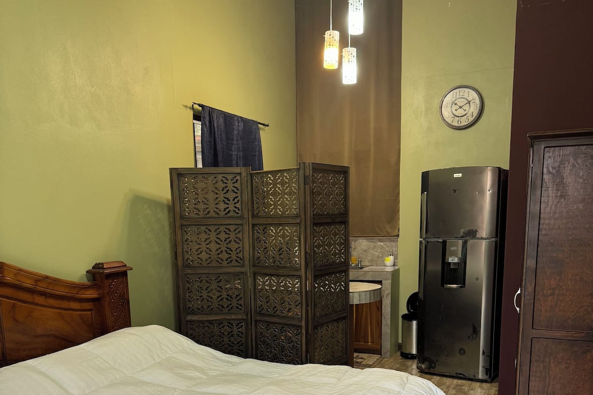 A bedroom with a bed, a wardrobe, a sink, and a refrigerator.