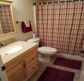 Tina con regadera, secadora de cabello, toallas, jabón 