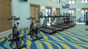A gym with treadmills, stationary bikes, and a colorful carpet. - Villa in Champions Gate Resort 1010 (Davenport)