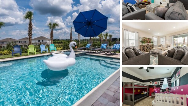 A swimming pool with a swan float and colorful chairs, a living room with a sofa and coffee table, and a child's bedroom with bunk beds. - Villa in Encore Resort at Reunion 3009 (Kissimmee)